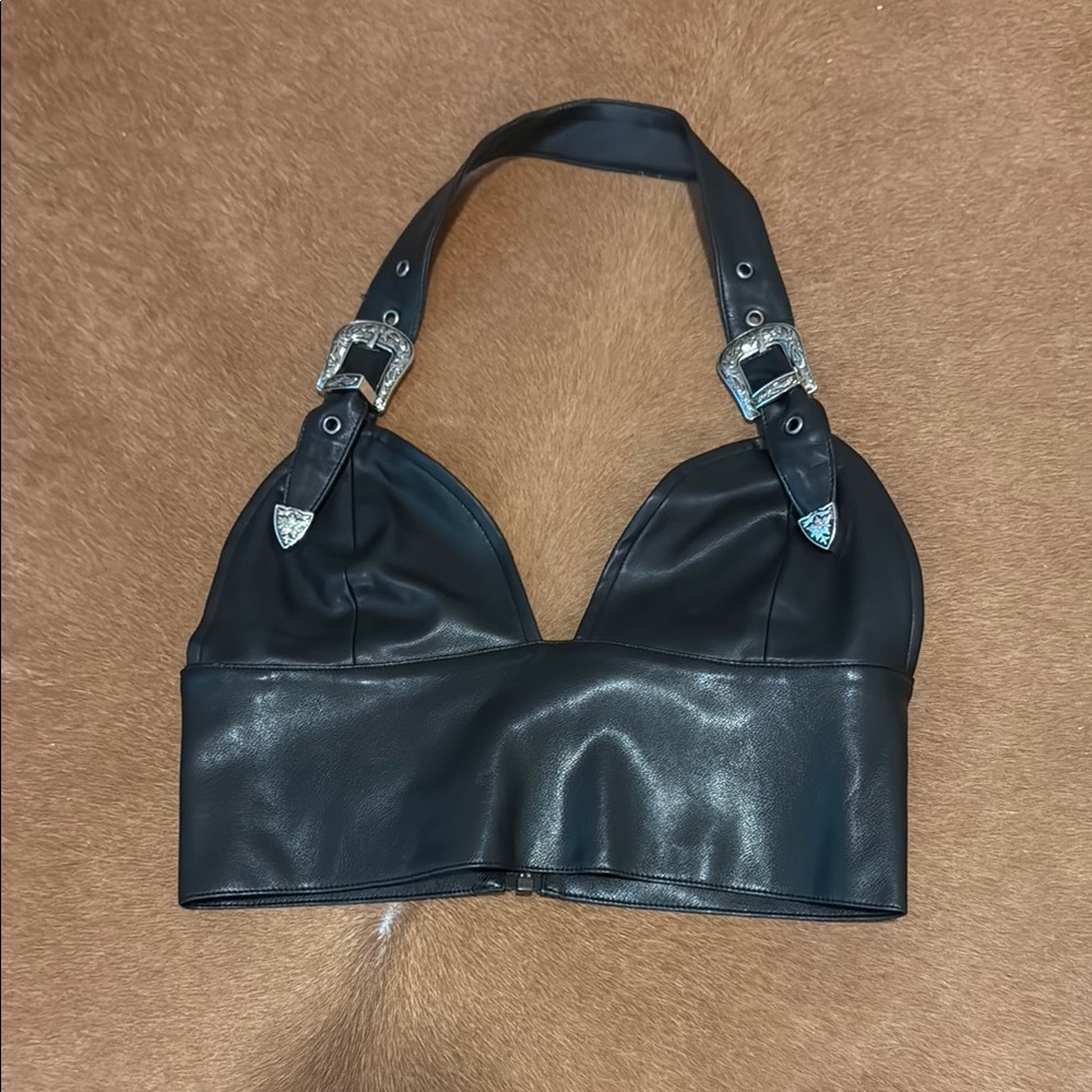 Black Halter faux Leather Top with Silver Buckles